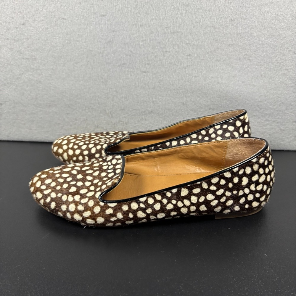J. CREW Cora Leopard Calf Hair Smoking Flats Brown Shoes White Speckled Size 6.5